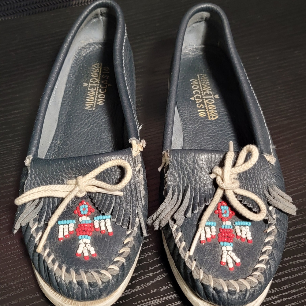 Minnetonka Navy Moccasins with Beaded Design